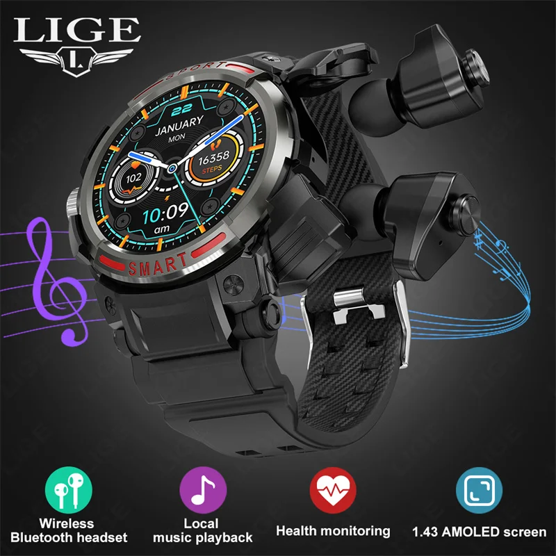 Lige 2023 Smart Watch Tws Headset Two In One Wireless Bluetooth Dual Earbuds Call Health Monitor Sport Music Auricolare Smartwatch