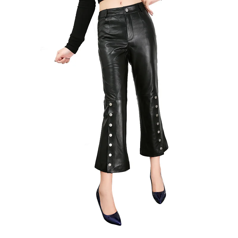 Pantaloni Flare M-3Xl In Vera Pelle Da Donna Pantaloni Spaccati In Pelle Di Pecora Donna Alta Wasit Colore Nero Era Pantaloni Sottili Wq1509 Dropship