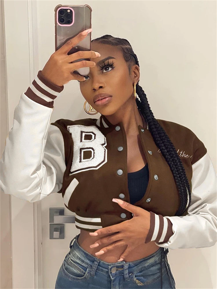 Habbris Giacca Corta Patchwork In Pelle Primaverile Streetwear Per Donna 2024 Giacca College Casual Da Donna Giacca Da Baseball Marrone Cappotti