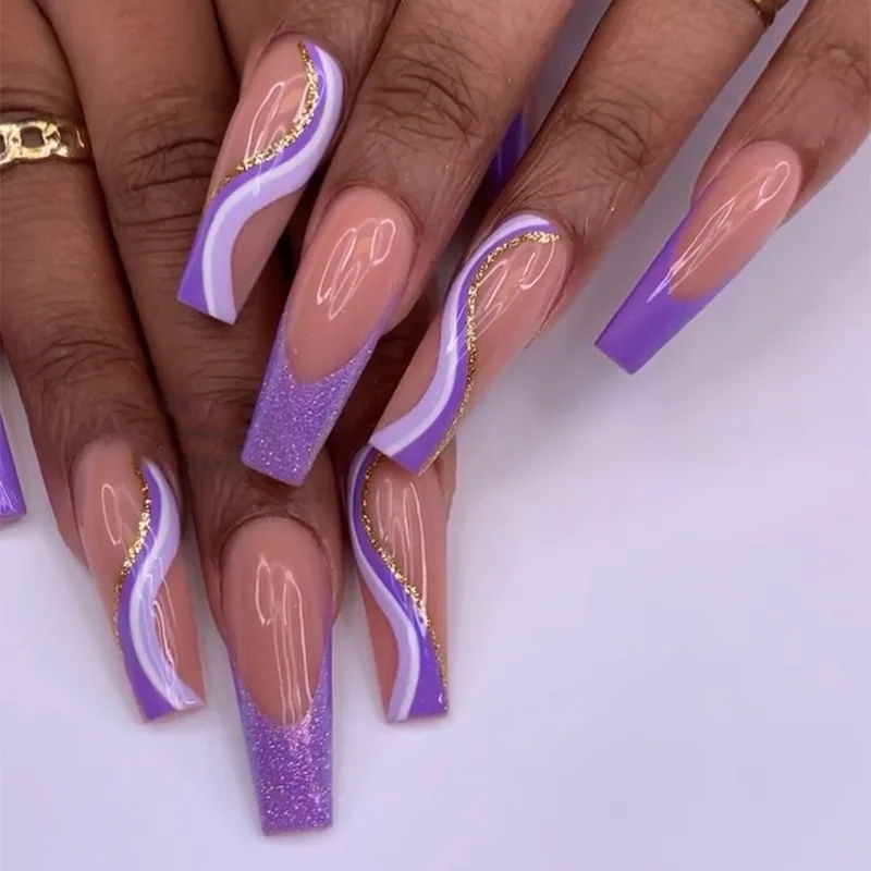 Purple Glitter Powder French Wearable Nail Art Long Ballet False Nails Detachable Finished Fake Nails Press On Nails With Glue