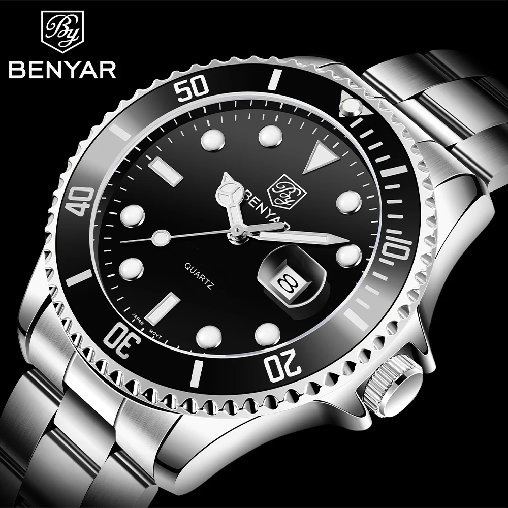Benyar For Men Watch Perpetual Submariner Classic Orologio Da Polso Al Quarzo Data Luminoso Acciaio Inossidabile Impermeabile Sport Reloj Hombre
