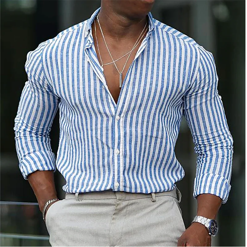 2023 Nuova Moda Camicia Da Uomo Stampa A Righe Slim Colore Verde Celeste Outdoor Street Manica Lunga Abbigliamento Design Chic Casual