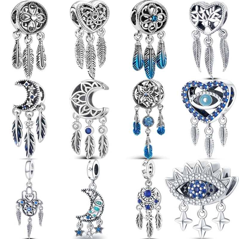 925 Sterling Silver Dreamcatcher 3 Piume Occhi Blu Stelle Luna Ciondolo Perline Fit Originale Pandora Charms Bracciale Gioielleria Raffinata