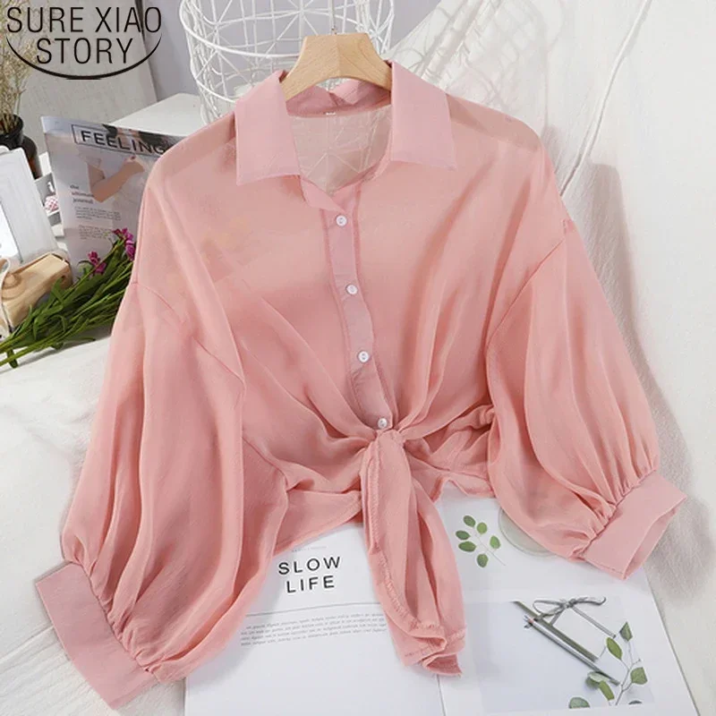 Camicetta Casual Camicie In Chiffon Donna Vita Legata Nuova 2024 Estate Mezza Manica Abbottonata Camicia Camicette Eleganti Allentate Per Le Donne 949