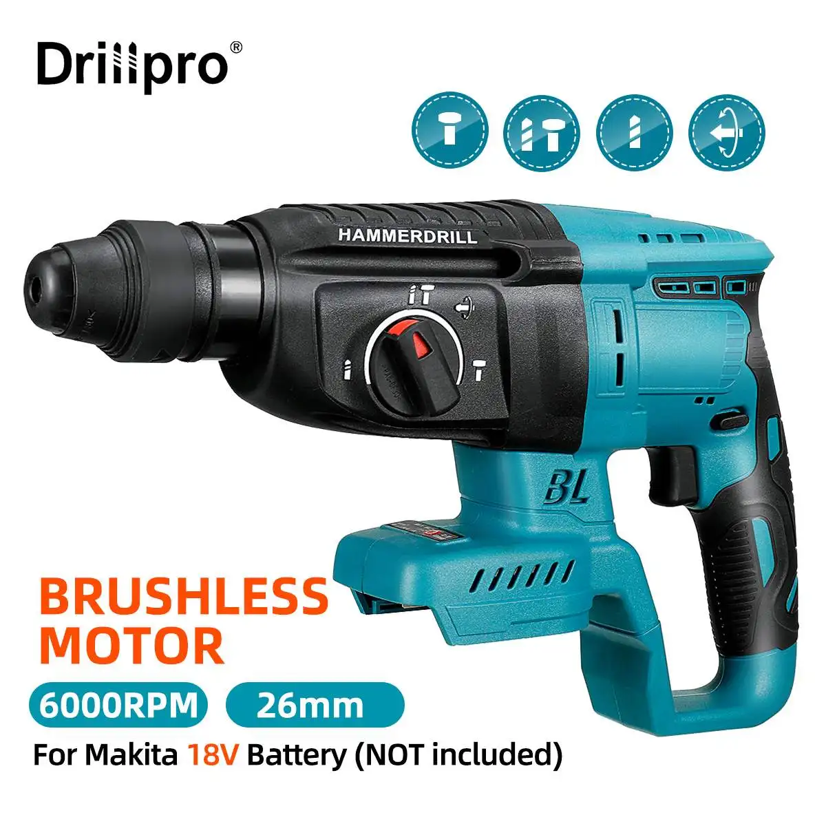 Trapano A Percussione Elettrico Ricaricabile 26Mm Trapano A Percussione A Batteria Senza Fili Drillpro 4 Funzioni Per Batteria Makita 18V