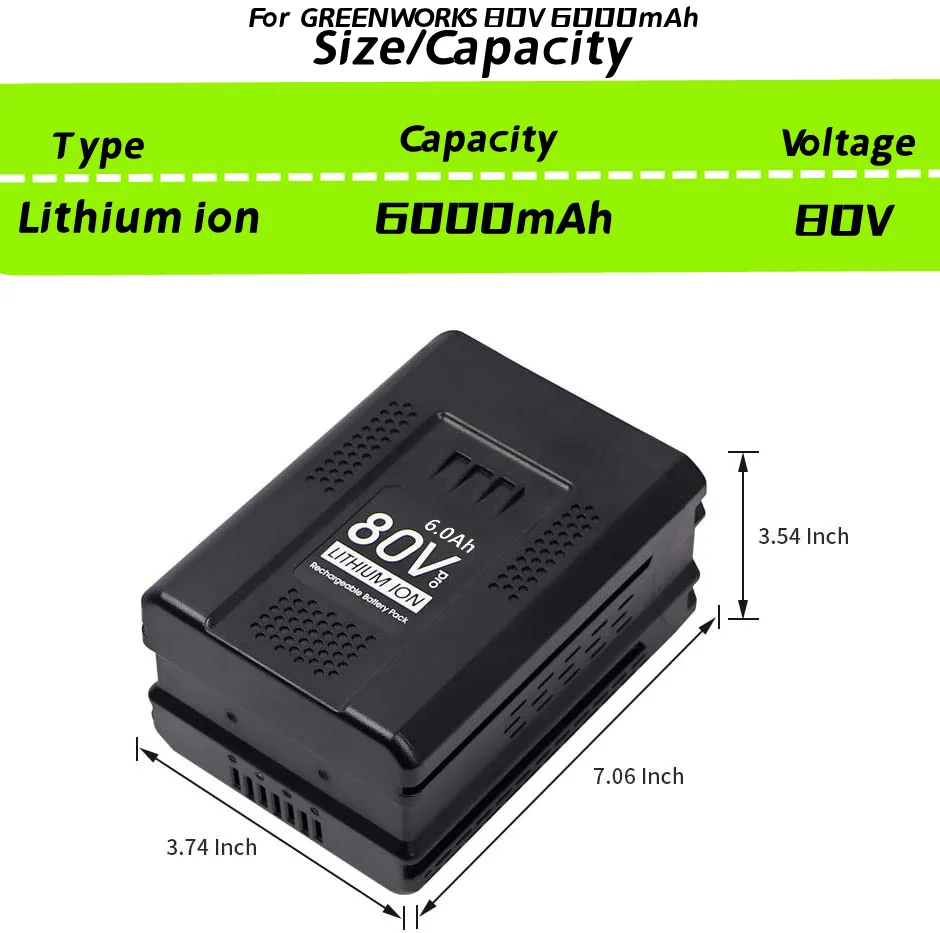 80V 6000Ah Ersatz Batterie Fuir Greenworks 80V Max Lithium-Ionen Batterie Gba80200 Gba80250 Gba80400 Gba80500