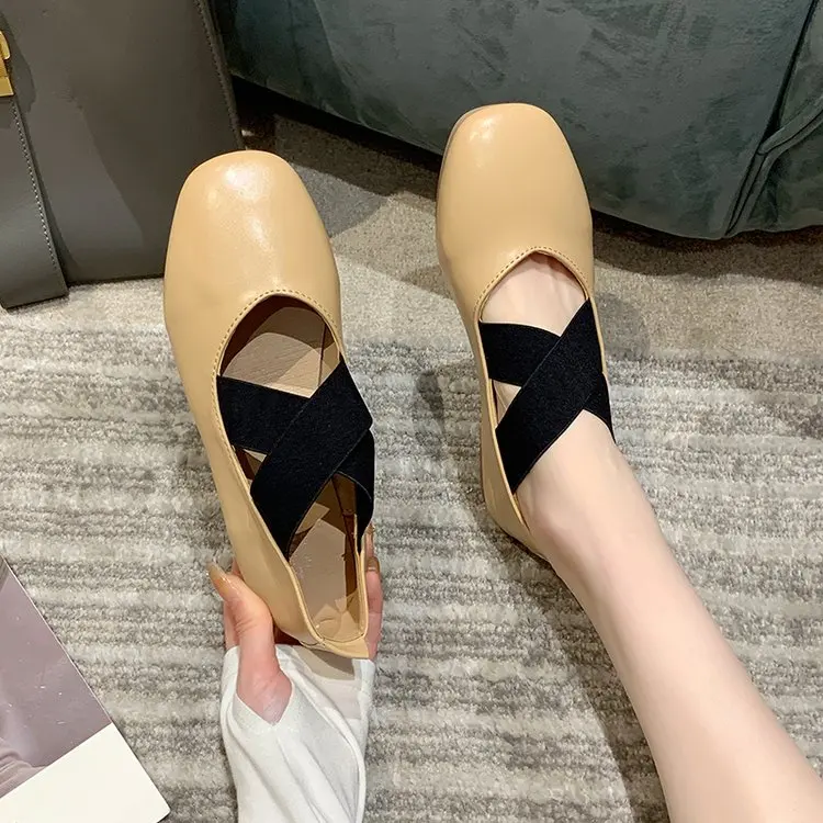 Vintage Natural Fashion Ballet Flat Women'S Square Toe Handmade Cross Elastic Band Vintage Ballerine 35-40 Square Toe Flats
