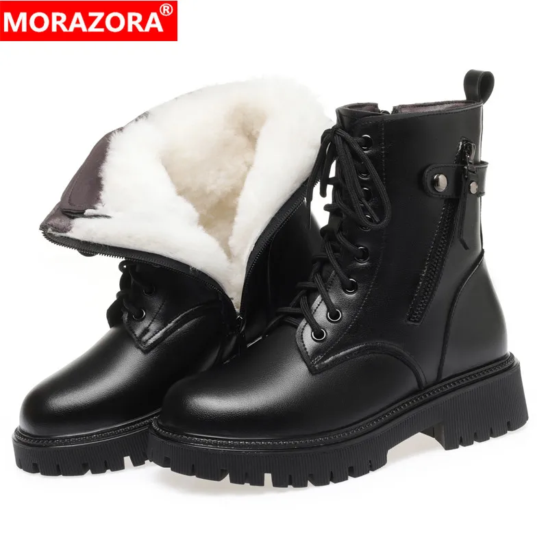 Morazora New Cow Leather Nature Wool Warm Winter Boots Donna Zipper Square Heels Black Platform Stivaletti Scarpe Da Donna
