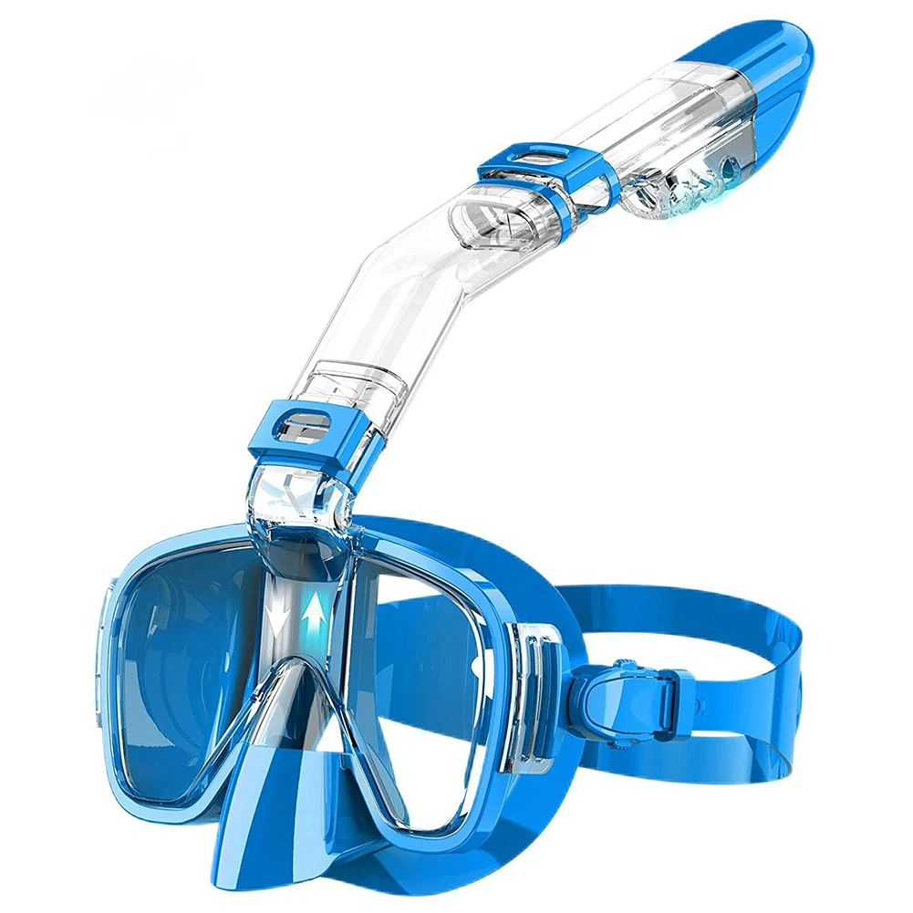 Snorkel Mask Foldable Diving Mask Set With Dry Top System And Camera Mount, Anti-Fog Professional Snorkeling Gear-Blue