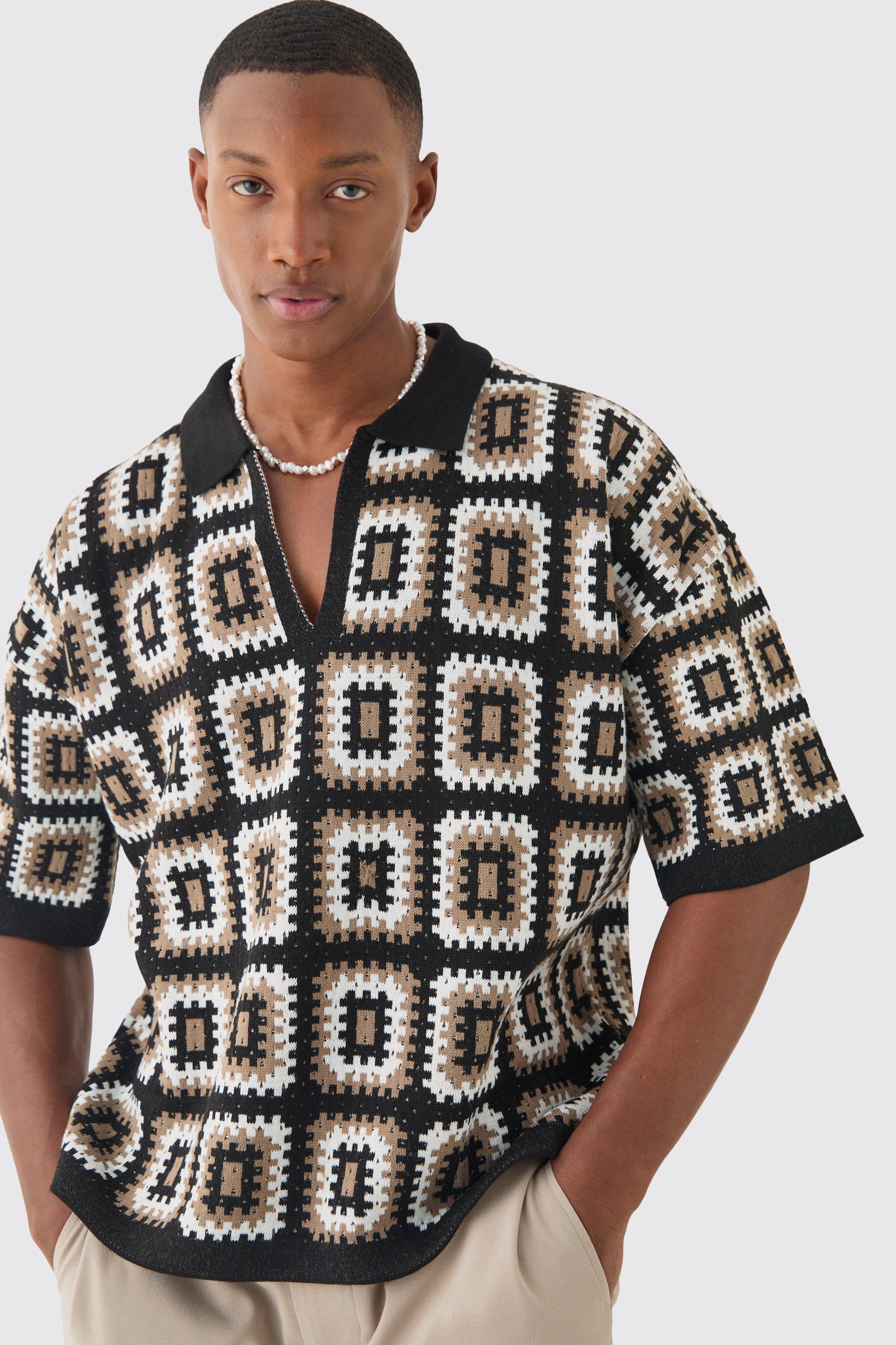 Oversized Boxy Crotchet Knit Polo In Black, Nero