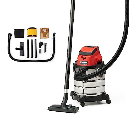 Einhell Tc-Vc 18/20 Li S - Solo Aspiratutto A Batteria, Bidone In Acciaio, 20 L, 18 V, Rosso, Grigio