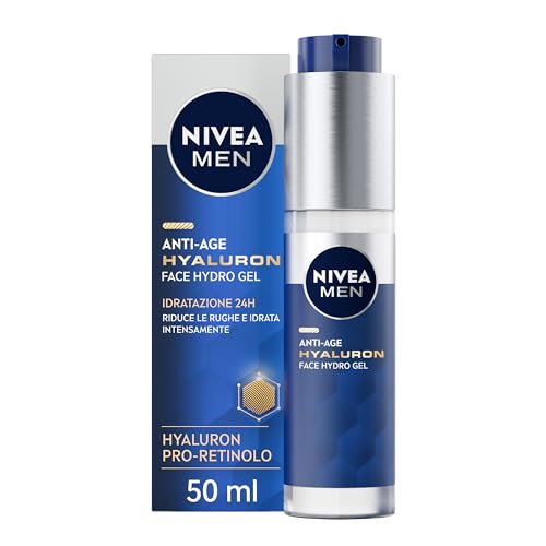 Nivea Men Anti-Age Hyaluron Hydro Gel Viso Uomo 50Ml, Crema Viso Uomo In Gel Per Pelli Mature, Crema Viso Acido Ialuronico In Gel Idratante, Rivitaliz