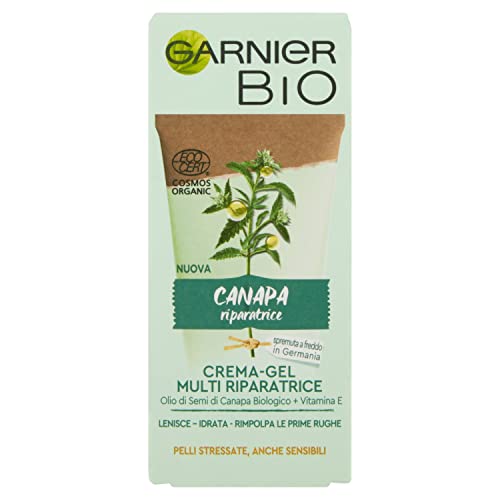 Garnier Crema Viso Bio, Crema-Gel Multi Riparatrice Con Olio Di Semi Di Canapa Biologico E Vitamina E, Per Pelli Stressate, Anche Sensibili E Prime Ru