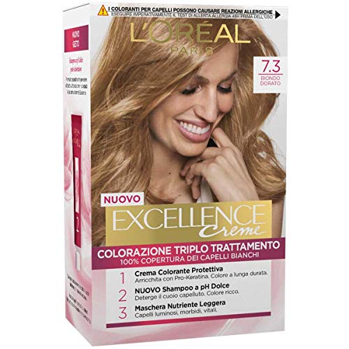 L'Oréal Paris Tinta Capelli Excellence, Copre I Capelli Bianchi, Colore Ricco, Luminoso E A Lunga Durata, 7.3, Confezione Da, Biondo Dorato