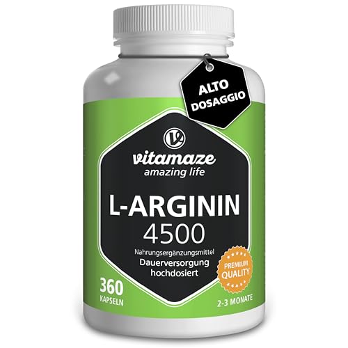 Vitamaze® L-Arginina 4500 Mg Ad Alto Dosaggio, 360 Capsule Di Pura L-Arginina Hcl Polvere, Qualità Tedesca, Naturale Integratore Alimentare Senza Addi