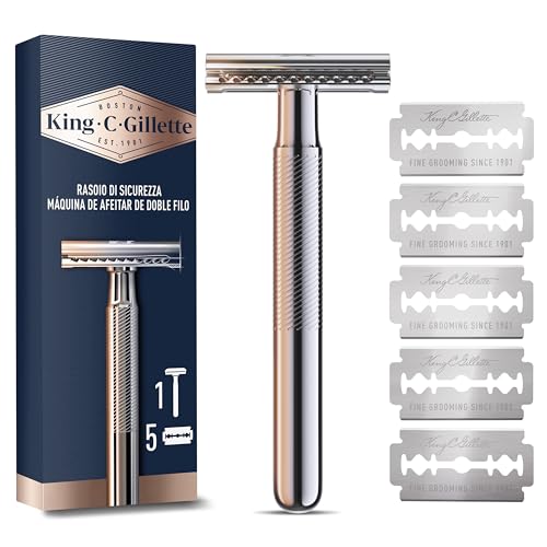 King C. Gillette Rasoio Di Sicurezza, 1 Manico, 5 Lamette Da Barba, In Acciaio Inossidabile, Lametta Rivestita Di Platino Idea Regalo Uomo Per Cura De