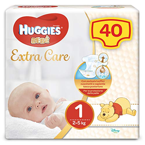 Huggies Pannolini Extra Care Bebè, Taglia 1 (2-5Kg), Confezione Da 40 Pannolini