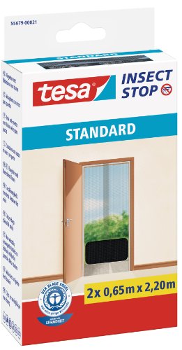 Tesa Insect Stop Hook & Loop Standard Zanzariera Per Porte, Senza Forature, Lavabile A 30°, Antracite, 2 Reti Da 65 Cm X 220 Cm