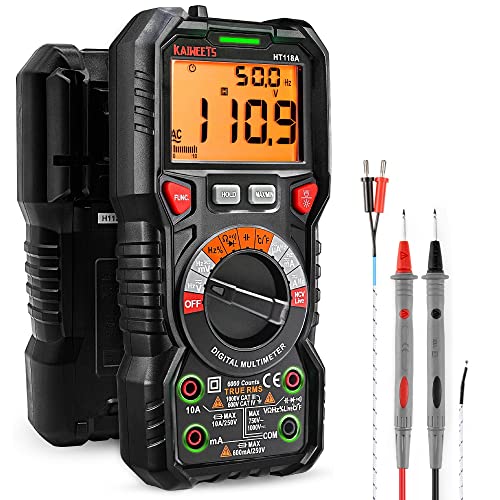 Multimetro Digitale Professionale Automatico, Trms 6000 Conti (Prompt Jack Led), Tester Elettrico, Tensione / Corrente / Resistenza / Capacità / Tempe