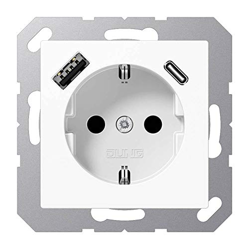 Jung A1520-15Caww - Presa Schuko Con Usb Tipo Ac (3A) Con Elevata Protezione Da Contatto (Termoplastica), Colore: Bianco Alpino