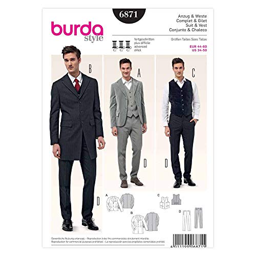 Burda B6871 - Cartamodello Per Completo E Gilet Da Uomo, 19 X 13 Cm (Lingua Inglese/Francese/Tedesca/Spagnola)