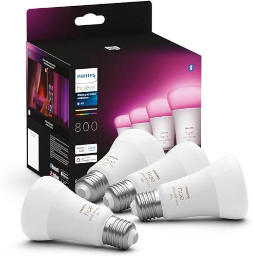 Philips Hue White And Color Ambiance Lampadina Smart Led, Attacco E27, Luce Bianca O Colorata, 6.5W, 4 Pezzi