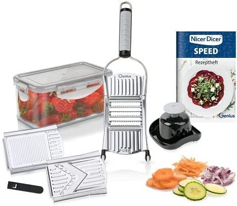 Genius Nicer Dicer Speed - Affettaverdure Con 3 Inserti, Supporto E Contenitore Di Raccolta Da 550 Ml, Grattugia Per Parmigiano, Grattugia Julienne E