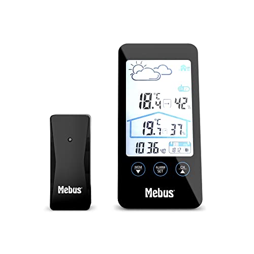 Mebus Wetterstation Mit Außensensor, Zeigt Temperatur Und Luftfeuchtigkeit Innen Und Außen, Mit Wettervorhersage Und Mondphasen, Displaybeleuchtung, W
