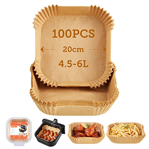 Cosori Carta Forno Per Friggitrice Ad Aria 100 Pezzi, Teglie Per Friggitrice Ad Aria 4.5-6L Quadrati, Antigrasso Antiaderente Fodera In Carta Monouso