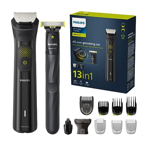 Philips Series 9000 13-In-One Trimmer + Oneblade, Set Completo Per Il Grooming, Rifinitura Precisa, Bordi Definiti, Rasatura Comoda, 27 Impostazioni D