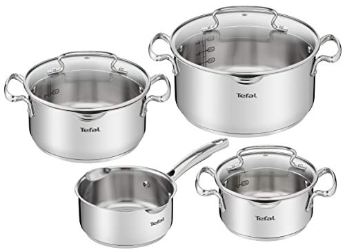 Tefal Duetto - Set 7 Pezzi: 3 Pentole Da Cucina 16/20/24 Cm, 1 Casseruola 16 Cm, 3 Coperchi, Acciaio Inossidabile, 3 Coperchi In Vetro, Segni Di Misur