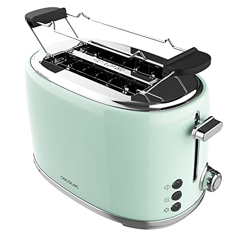 Cecotec Tostapane 2 Fette Toast&Taste 1000 Retro Double Green. 980 W, 2 Fessure Larghe Da 3,8 Cm E Corte, Acciaio Inossidabile, Aste Superiori, Potenz