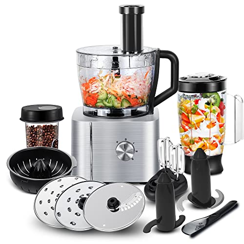 Sndoas Robot Da Cucina Multifunzione, 1100 W Frullatore Tritatutto Multifunzione, Ciotola 3,2 L, Frullatore Da 1,5 L, Macinacaffè, Frusta, Argento