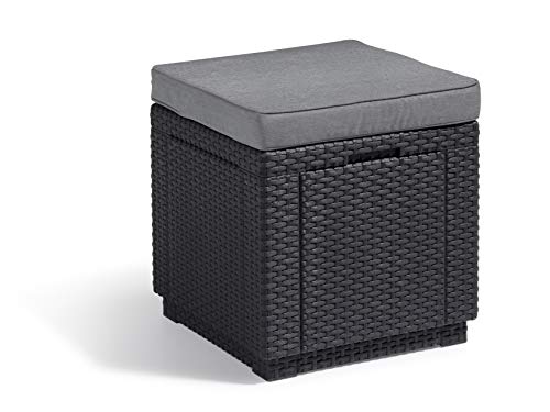 Keter Allibert By Cube - Sgabello Con Vano Portaoggetti, Con Coperchio Rimovibile, Effetto Rattan Piatto, Resistente Alle Intemperie, 42 X 42 X 39 Cm,