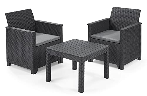 Keter Emma Balcony Set, Set Mobili Da Giardino In Rattan Con 2 Poltrone E Tavolino , Grafite