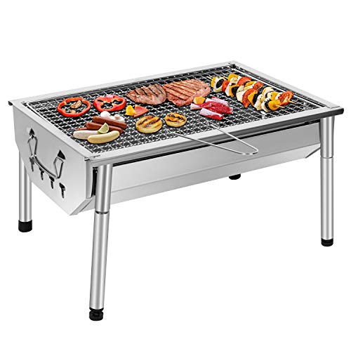 Sunjas Barbecue A Carbone In Acciaio Inox Regolabile Barbecue Smontabile In Acciaio Portatile Barbecue Esterno Griglia Su Piedi Per Giardino Pic-Nic,