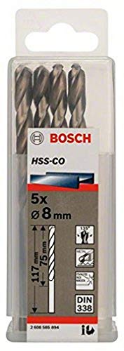 Bosch Professional 2608585894 Punte Per Metallo Hss-Co, Din 338, Codolo Rotondo, 8 X 75 X 117 Mm, Set Da 5 Pezzi