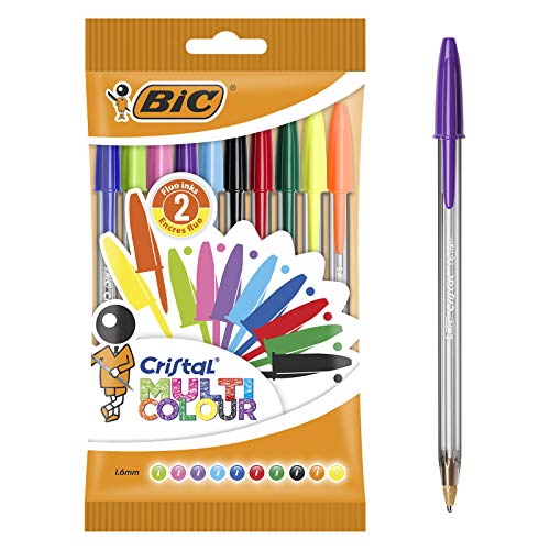 Bic Penne A Sfera, Cristal Multicolor, Colori Assortiti, Punta Larga (1.6 Mm), Confezione 10 Penne Colorate, Fornitura Per Cancelleria Scuola