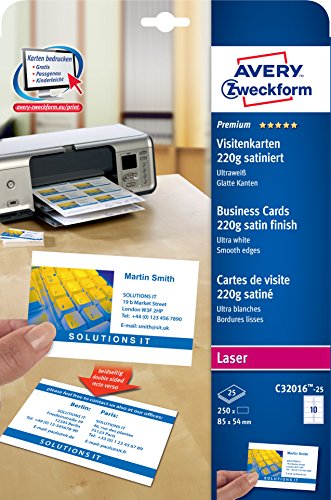 Avery Zweckform, C32016-25, 25 Fogli, Biglietti Da Visita, Satinati, Ultrabianchi, Consigliata Per Stampanti Laser A Colore, 220G