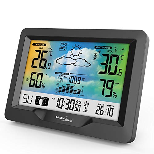 Green Blue Gb540 Stazione Meteo Con Display A Colori, Orologio Radiocontrollato Dcf, Temperatura Interna Ed Esterna, Previsioni Meteo, Fasi Lunari, Se
