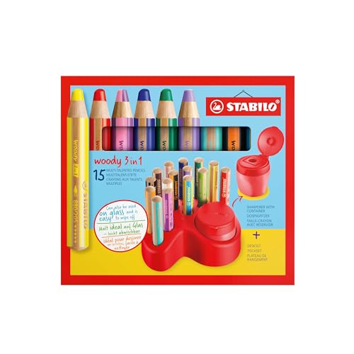 Premium Deskset - Stabilo Woody 3 In 1 - Pack Da 15 - 10 Stabilo Woody 3 In 1, 2 Stabilo Woody 3 In 1 Pastel, 3 Stabilo Woody 3 In 1 Duo, 1 Temperino,