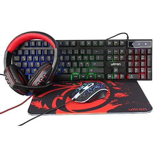 Ultron Hawk - Set Tastiera Per Gaming, 4 In 1, Con Tastiera Retroilluminata Rgb, Layout Qwertz De E Mouse [Fino A 6400 Dpi], Cuffie Da Gioco E Mouse P