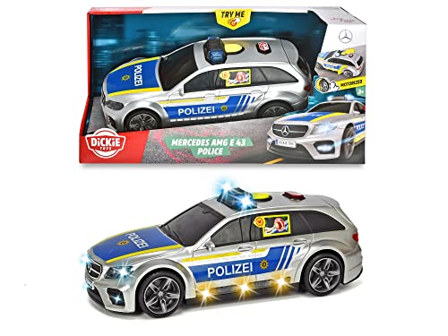 Dickie Toys Mercedes-Amg E43 Auto Della Polizia, Motore. Automobile Giocattolo Push-Open Da 30 Cm Argento/Blu Con Batterie Ad Effetto Sonoro Che Abbai