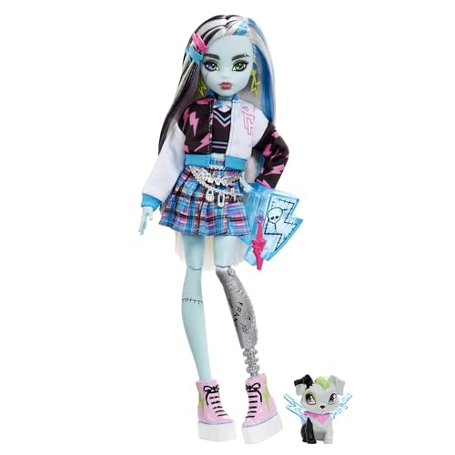 Monster High - Frankie, Bambola Snodata Alla Moda, Dai Capelli Con Ciocche Blu E Nere, Con Accessori E Cucciolo, Giocattolo Per Bambini 4+ Anni, Hhk53