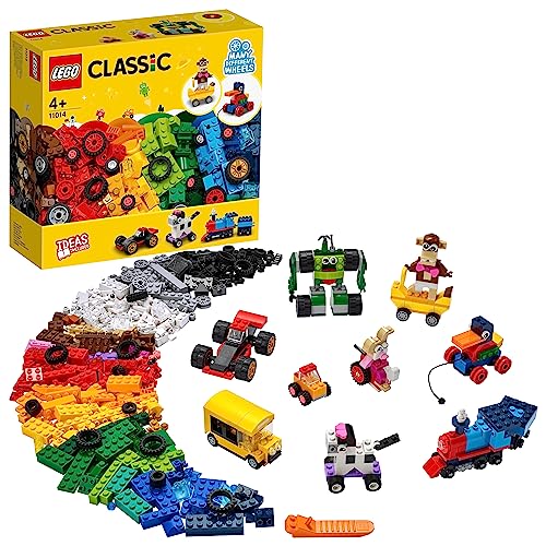 Lego Classic Mattoncini E Ruote, Set Con 9 Modellini Da Costruire Con Mattoncini Colorati Tra Cui Skateboard, Treno, Macchina E Robot Giocattolo, Gioc