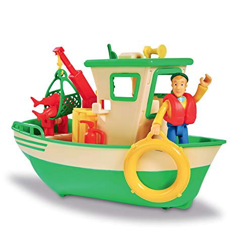Smoby- Sam Le Pompier-Barca Da Pesca Galleggiante-Gru Mobile + Argano Meccanico, 1 Statuetta Inclusa, Colore Verde, 7/109251074002