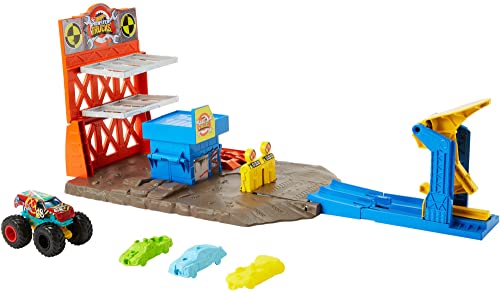 Hot Wheels Monster Trucks Toys , Blast Station Playset With 1 1:64 Scale Hw Demo Derby And 3 Crushable Cars For Complete Play , Gift For Kids