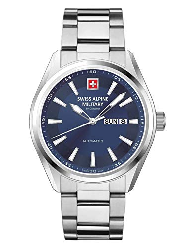 Swiss Alpine Military By Grovana Orologio Da Uomo Con Cinturino In Acciaio Inox Eta 2836-2 Automatico Vetro Zaffiro 10 Atm Daydate 7090.2135Sam, Blu S