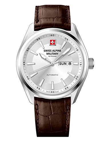 Swiss Alpine Military By Grovana Orologio Da Uomo Con Cinturino In Pelle Eta 2836-2 Automatico Vetro Zaffiro 10 Atm Daydate 7090.2532Sam, Cinturino In