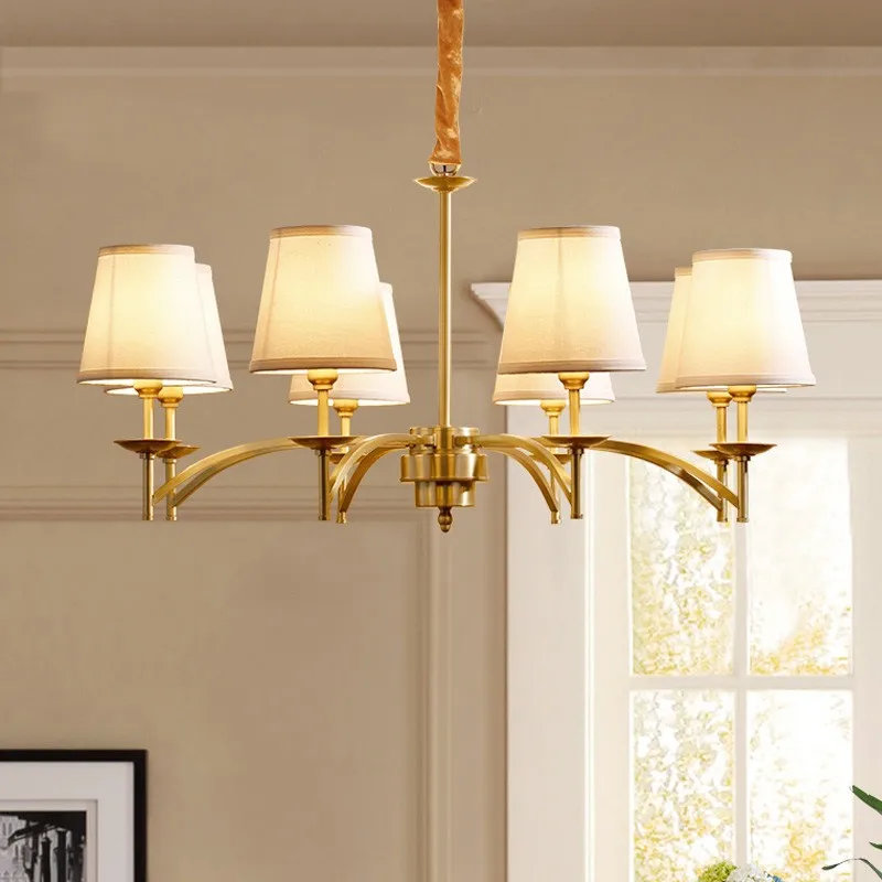 Sitting Room Plated Copper Chandelier With Cloth Lampshde Restaurant Wedding Lighting Lampadario Living Room Hanging Chandeliers